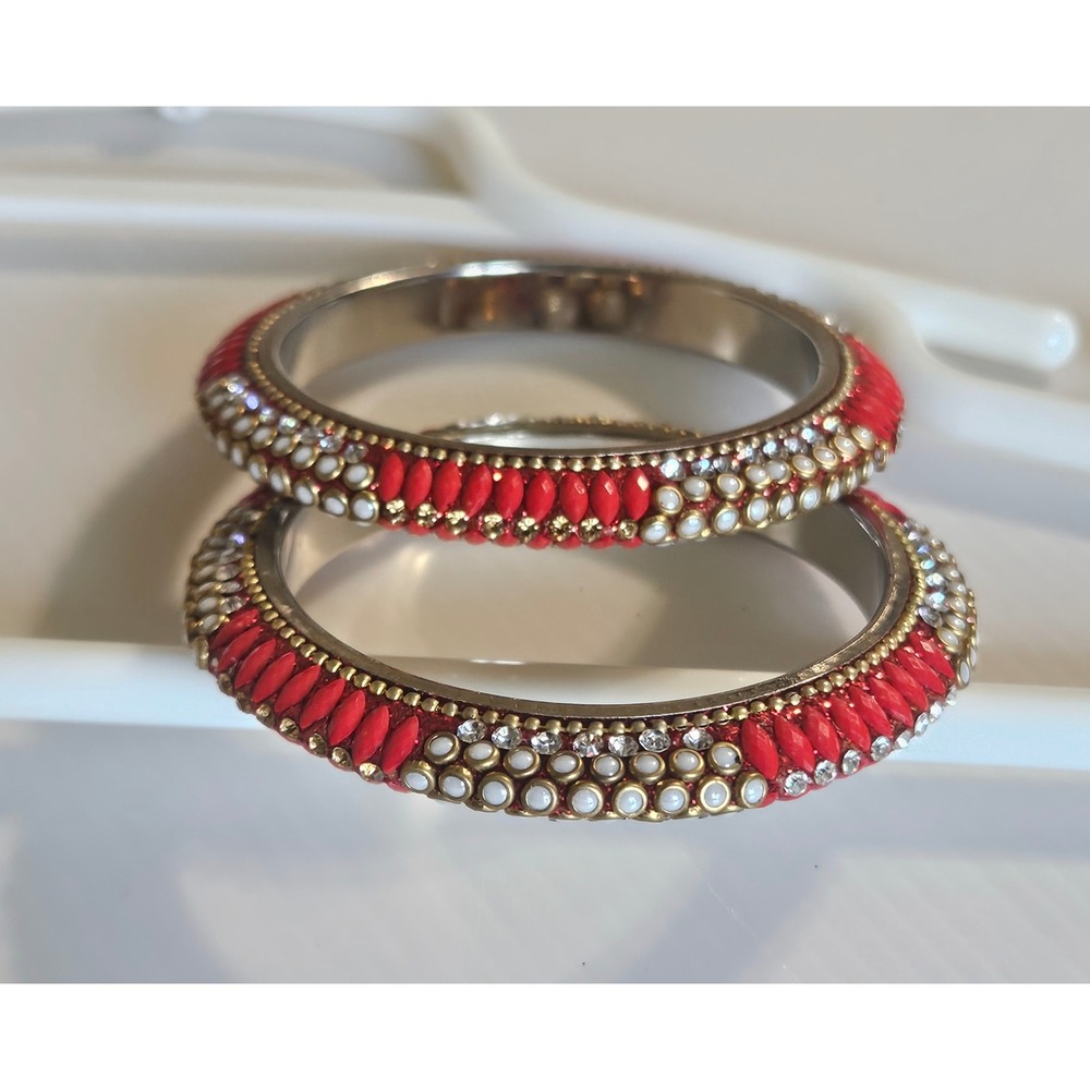 Vintage Red & Pearl‑Tone Beaded Bangle Set – 1990s Traditional‎ Jewelry